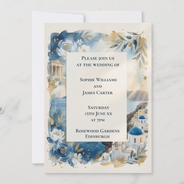 Convite de Casamento Floral Azul de Santorini (Frente)