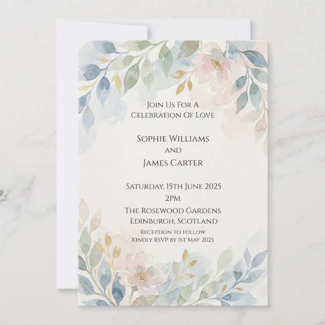 Convite de Casamento Floral Azul Desbotado (Frente)