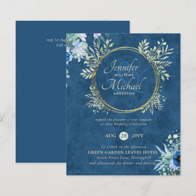 CONVITE DE CASAMENTO Floral Azul-Dourado (Frente/Verso)