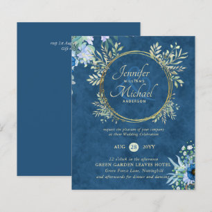 Convite de casamento Floral Azul Dourado do ORÇAM