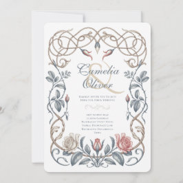 Convite de Casamento Floral Azul e Beijo Vitoriano