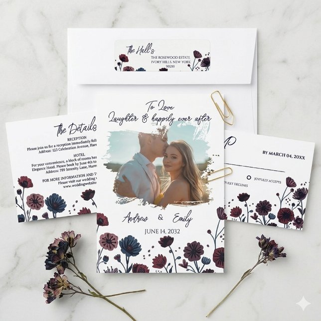 Convite de Casamento Floral Azul e Borgonha Sombri (Criador carregado)
