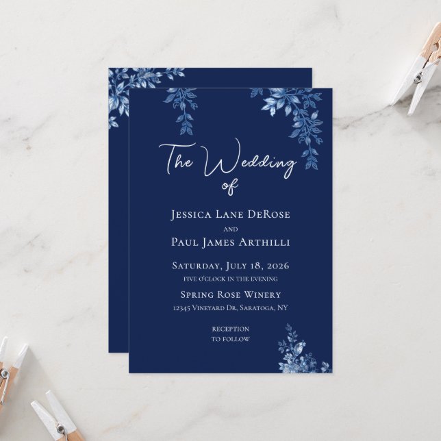 Convite de Casamento Floral Azul e Branco (Frente/Verso In Situ)
