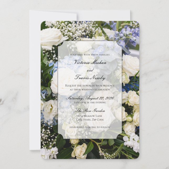 convite de casamento floral azul e branco (Frente)