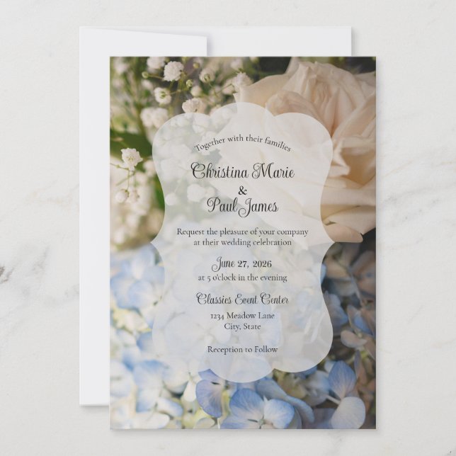 Convite de Casamento Floral Azul e Branco Elegante (Frente)