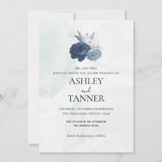 Convite de Casamento Floral Azul e Cinza Elegante