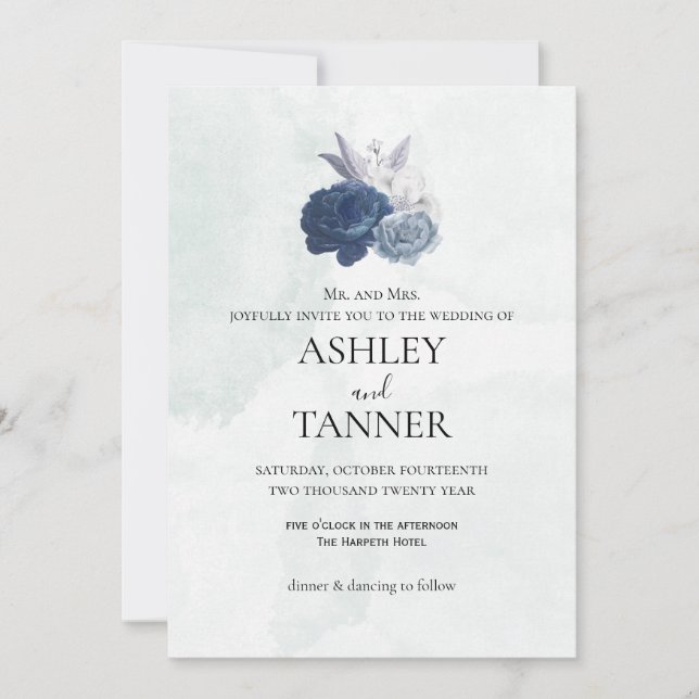 Convite de Casamento Floral Azul e Cinza Elegante (Frente)
