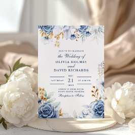 Convite de Casamento Floral Azul e Dourado Moderno