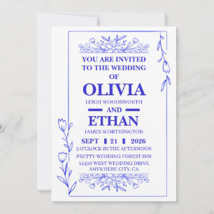 Convite de Casamento Floral Azul Editável