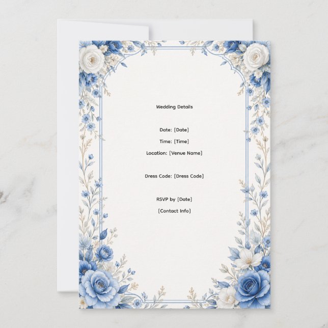 Convite de Casamento Floral Azul Elegante (Frente)