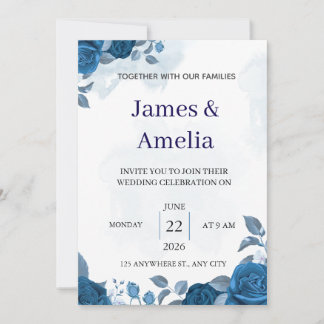 Convite de Casamento Floral Azul Elegante