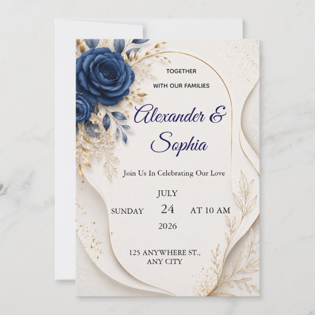 Convite de Casamento Floral Azul Elegante (Frente)