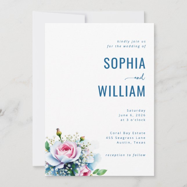 Convite de Casamento Floral Azul Elegante (Frente)
