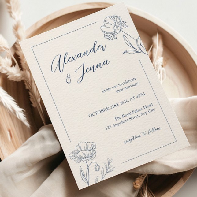 Convite de Casamento Floral Azul Elegante (Floral Wedding invitation, minimalist wedding invite)
