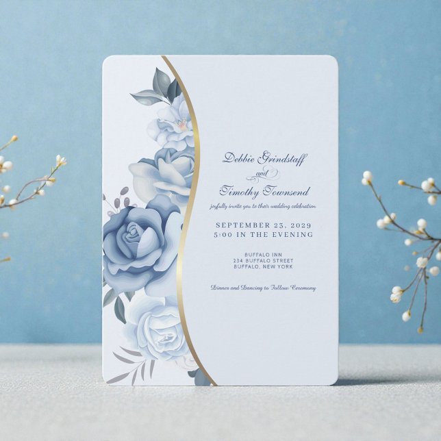 Convite de Casamento Floral Azul Elegante (Criador carregado)