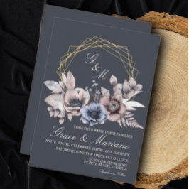 Convite de Casamento Floral Azul Elegante