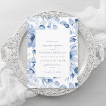 Convite de Casamento Floral Azul Elegante
