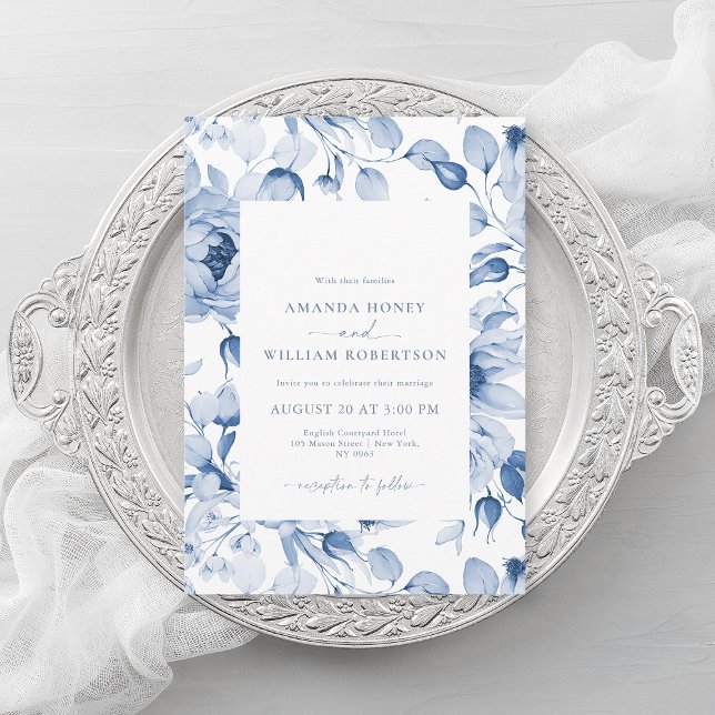 Convite de Casamento Floral Azul Elegante (Criador carregado)