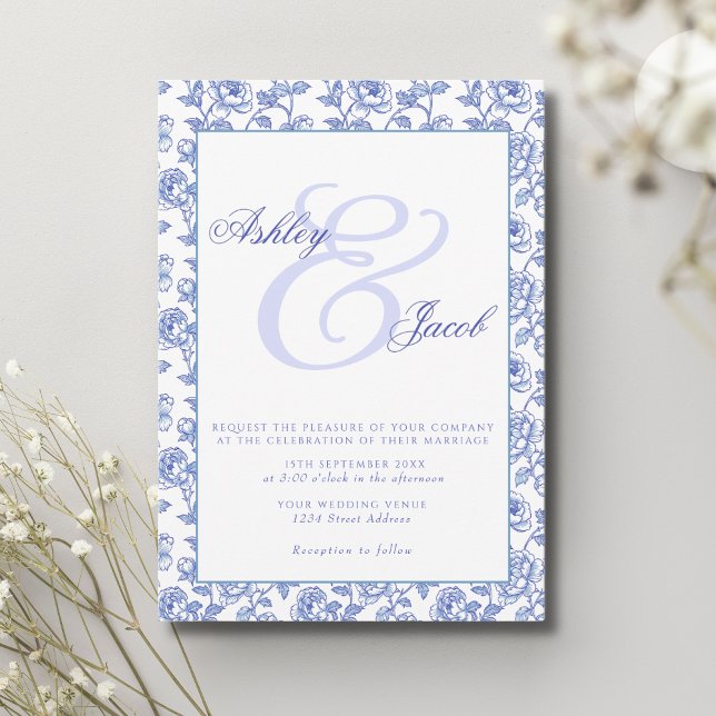 Convite de Casamento Floral Azul Elegante (Criador carregado)