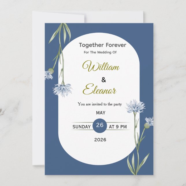 Convite de Casamento Floral Azul Elegante (Frente)