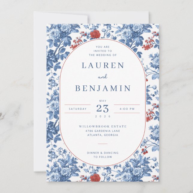 Convite de Casamento Floral Azul Elegante (Frente)