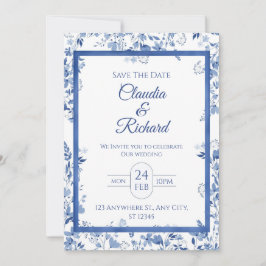 Convite de Casamento Floral Azul Elegante 