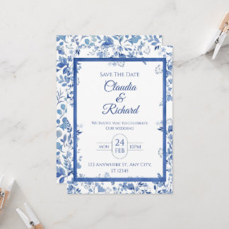 Convite de Casamento Floral Azul Elegante 