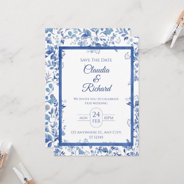 Convite de Casamento Floral Azul Elegante  (Frente/Verso In Situ)