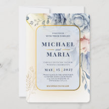 Convite de Casamento Floral Azul Elegante com Dour
