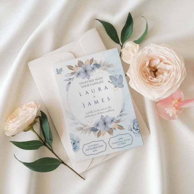 Convite de Casamento Floral Azul Elegante com Pomb (Criador carregado)