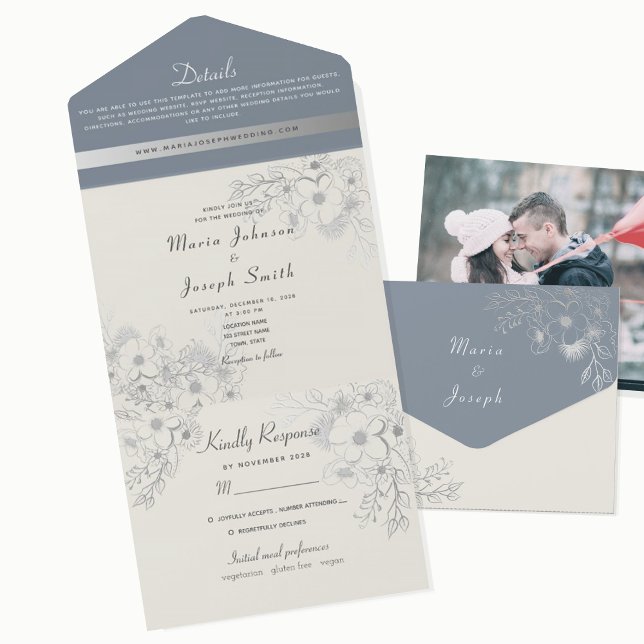 Convite de Casamento Floral Azul Elegante e Empola (Criador carregado)