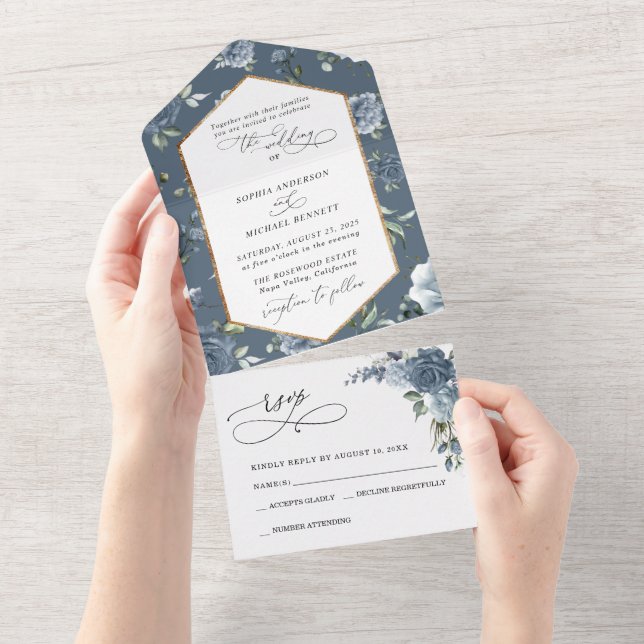 Convite de Casamento Floral Azul Elegante e Sofist (Aba destacável)