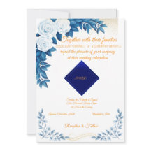 Convite de Casamento Floral Azul Elegante em Branc