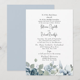 Convite de Casamento Floral Azul Elegante Formal
