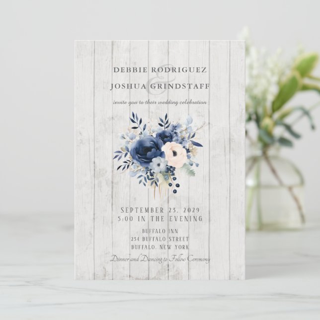 Convite de Casamento Floral Azul em Madeira (Em pé/Frente)