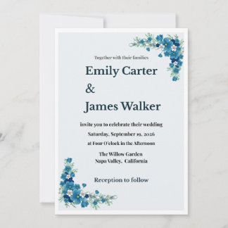 Convite de Casamento Floral Azul Empoeirado