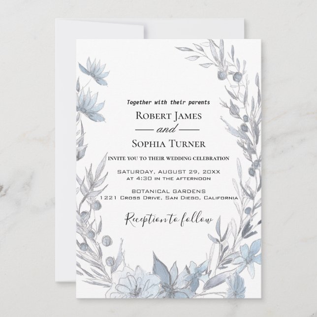 Convite de Casamento Floral Azul Empoeirado (Frente)