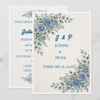 Convite de Casamento Floral Azul Empoeirado