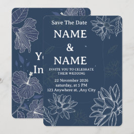 Convite de Casamento Floral Azul Empoeirado