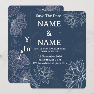 Convite de Casamento Floral Azul Empoeirado