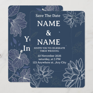 Convite de Casamento Floral Azul Empoeirado
