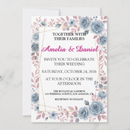 Convite de Casamento Floral Azul Empoeirado