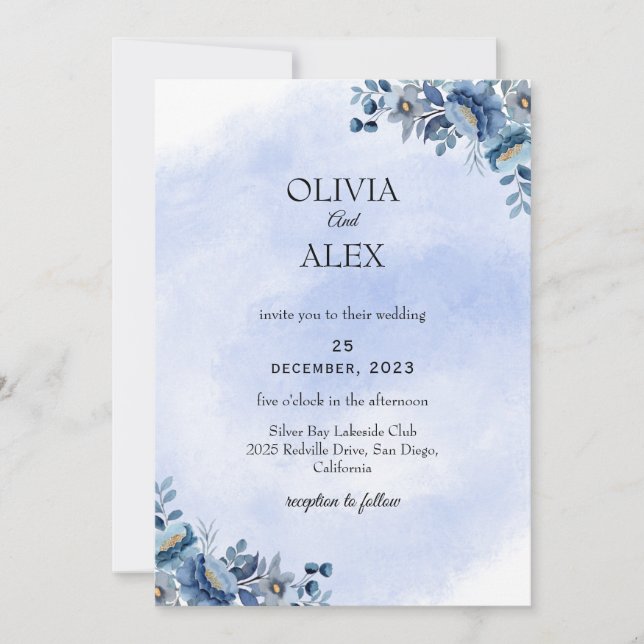 Convite de Casamento Floral Azul Empoeirado (Frente)