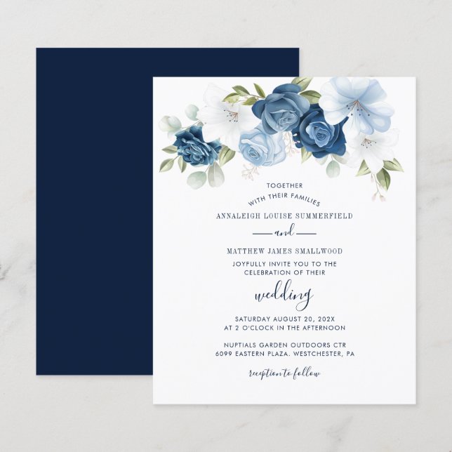 Convite de Casamento Floral Azul Empoeirado Botâni (Frente/Verso)