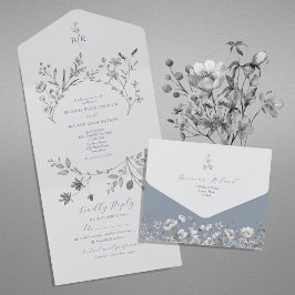 Convite de Casamento Floral Azul Empoeirado Tudo-e
