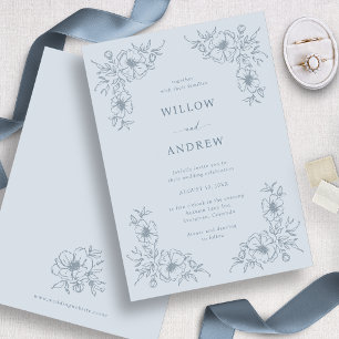 Convite de Casamento Floral Azul Empoeirado Vintag