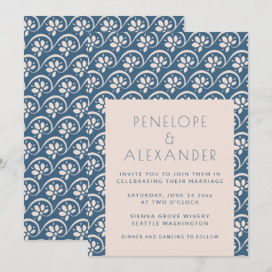 Convite de Casamento Floral Azul Escandinavo Moder