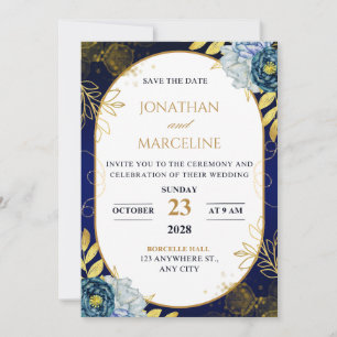 Convite de casamento floral azul escuro e dourado