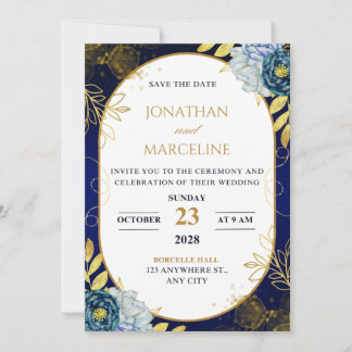 Convite de casamento floral azul escuro e dourado