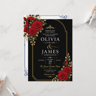 Convite de Casamento Floral Azul Fundo | Rosa Verm